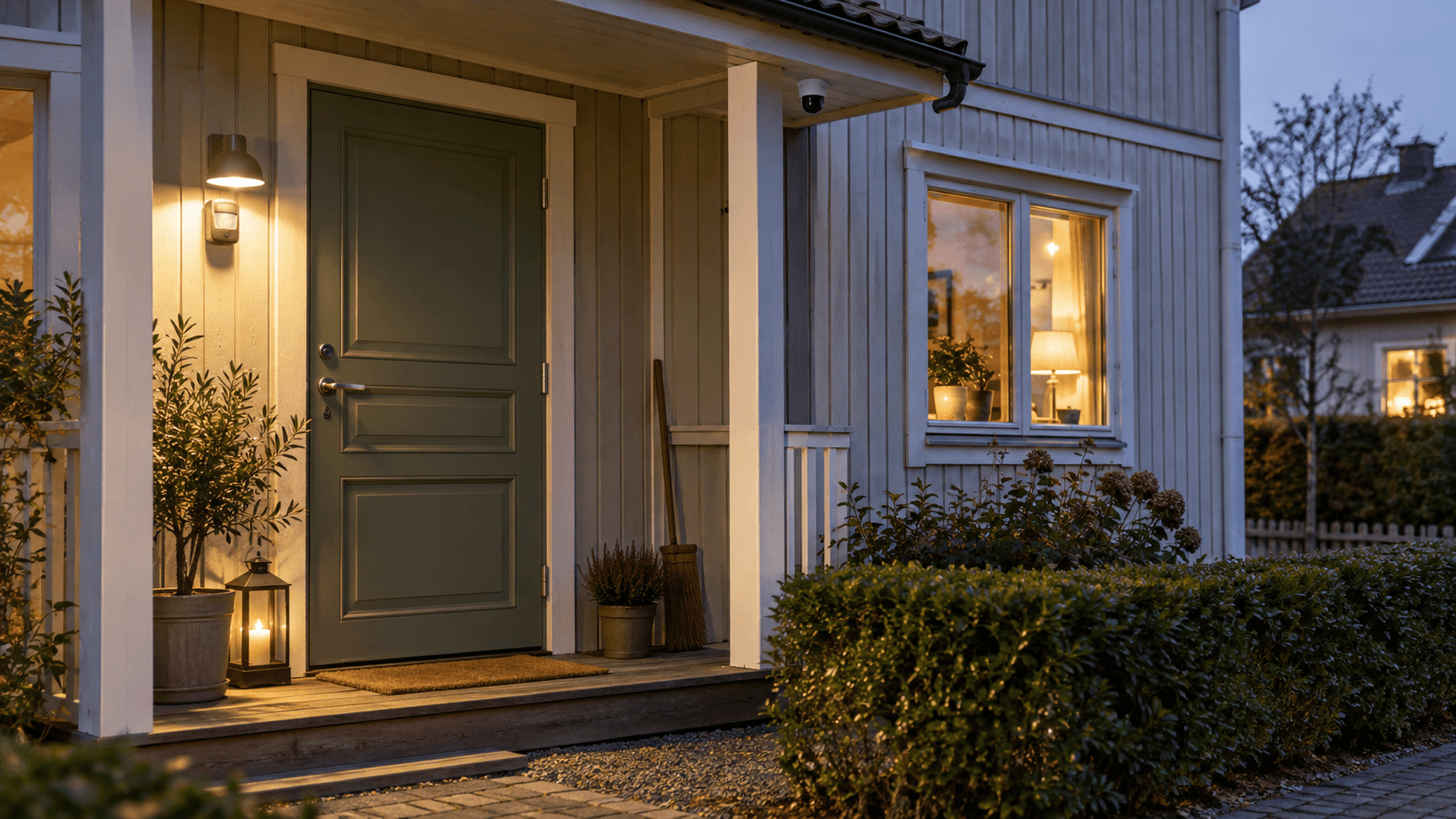 En stängd grön ytterdörr med utebelysning, rörelsesensor och kamera riktad mot den egna entrén.